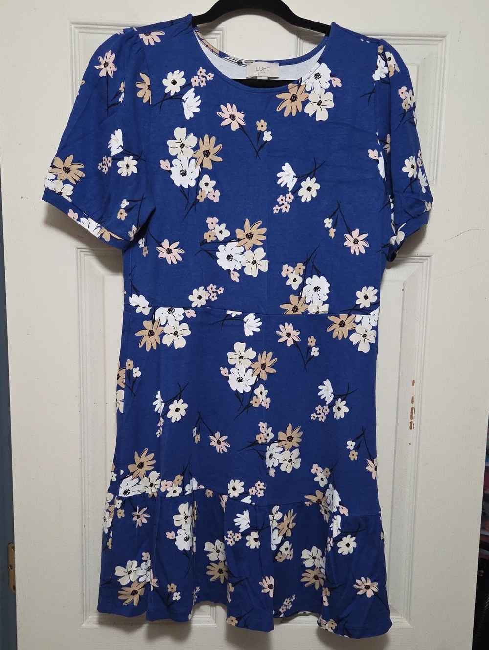 LOFT Womens Blue Floral Short-Sleeve Ruffle-Hem Dress - Size 8